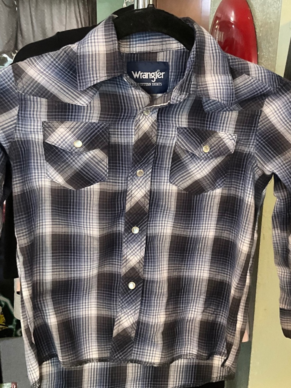 Wrangler Blue & White Plaid Button Down Shirt with Pearl Snaps | Size Small Boys